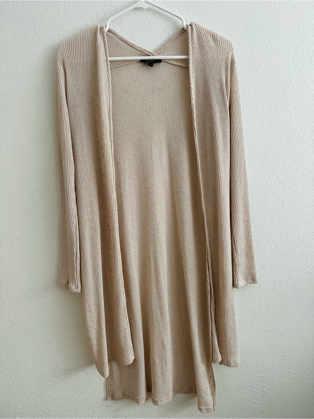 Open-Front Ribbed Cardigan in Beige
